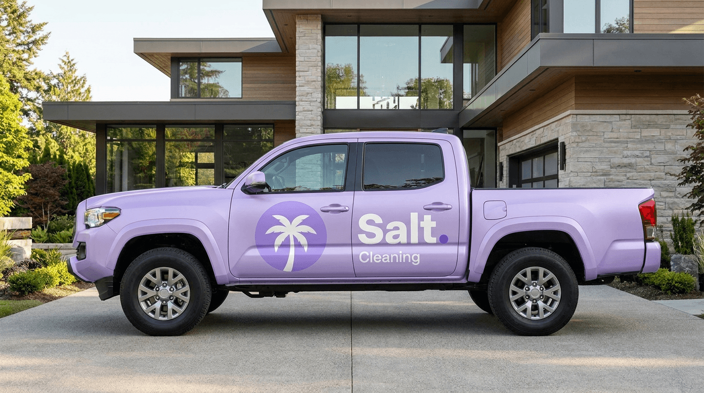 Salt Cleaning's brand-purple truck parked outside a modern Naples home